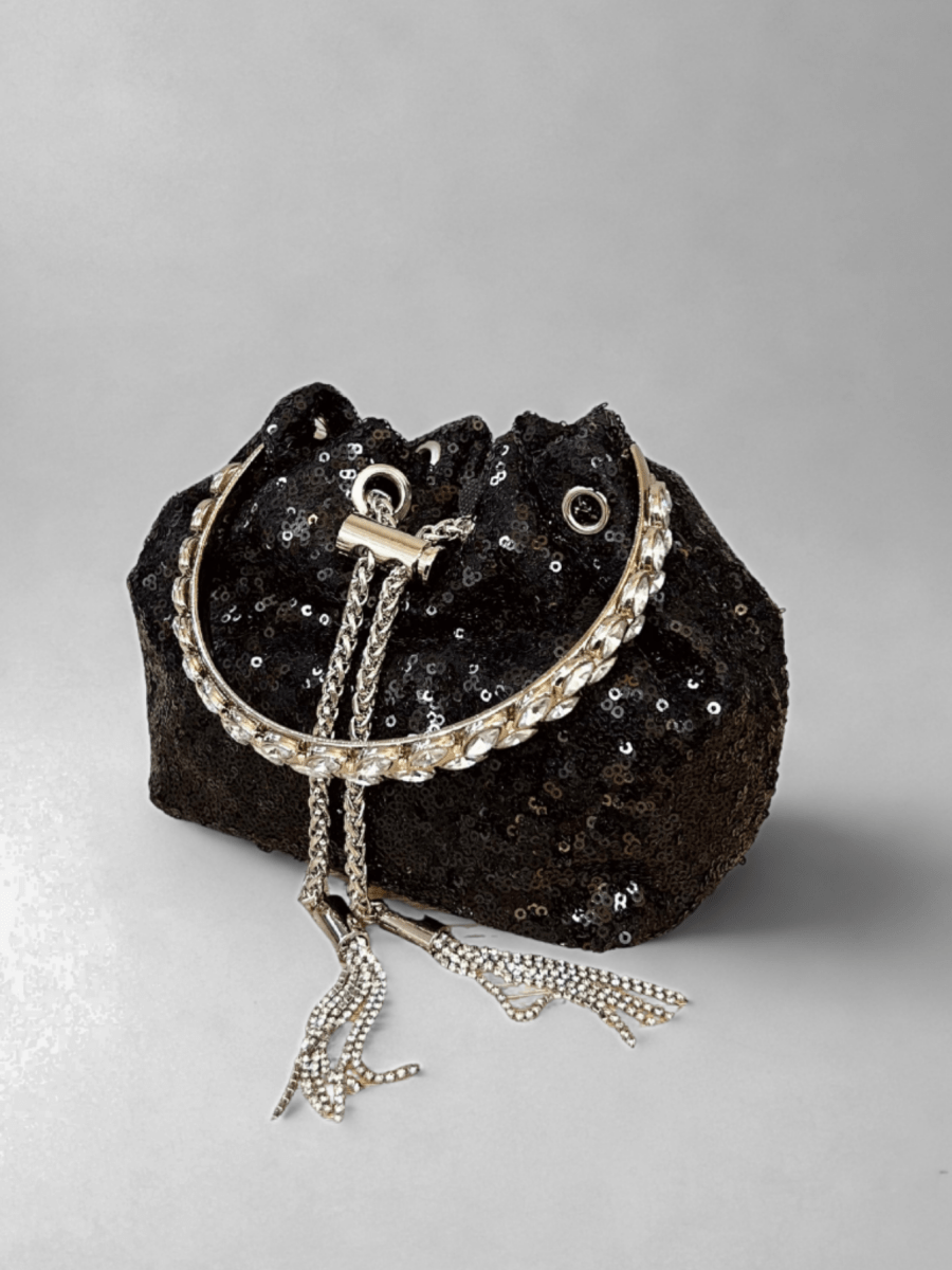Bolso De Mano Con Lentejuelas Negras - Lola Mora
