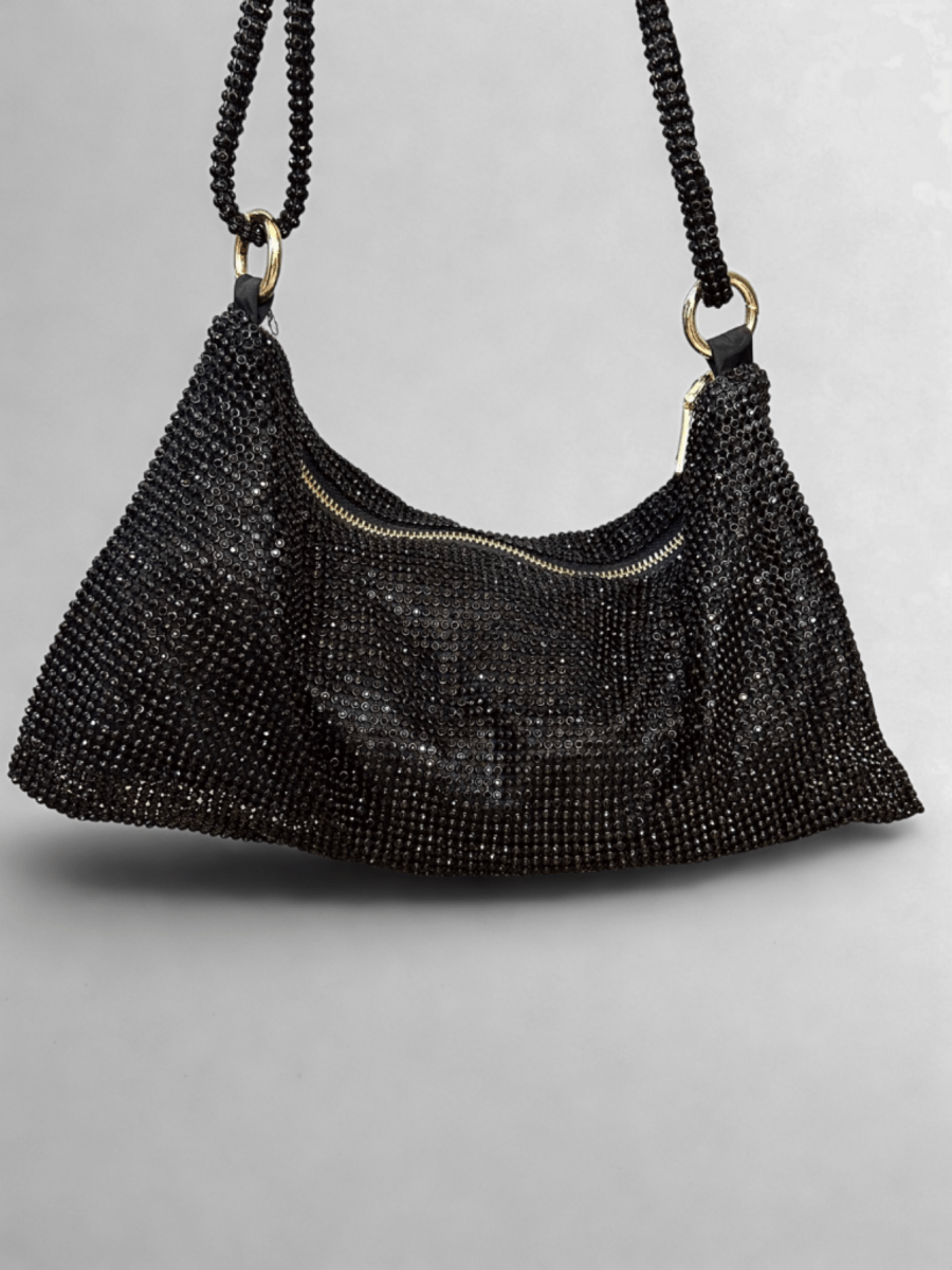 Bolso De Mano Negro Con Piedras Brillantes - Lola Mora