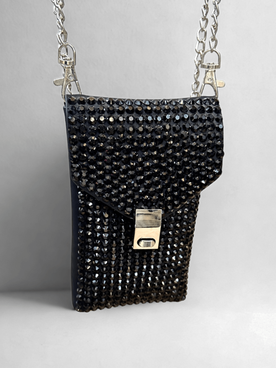 Bolso De Mano Negro Con Piedras Brillantes - Lola Mora
